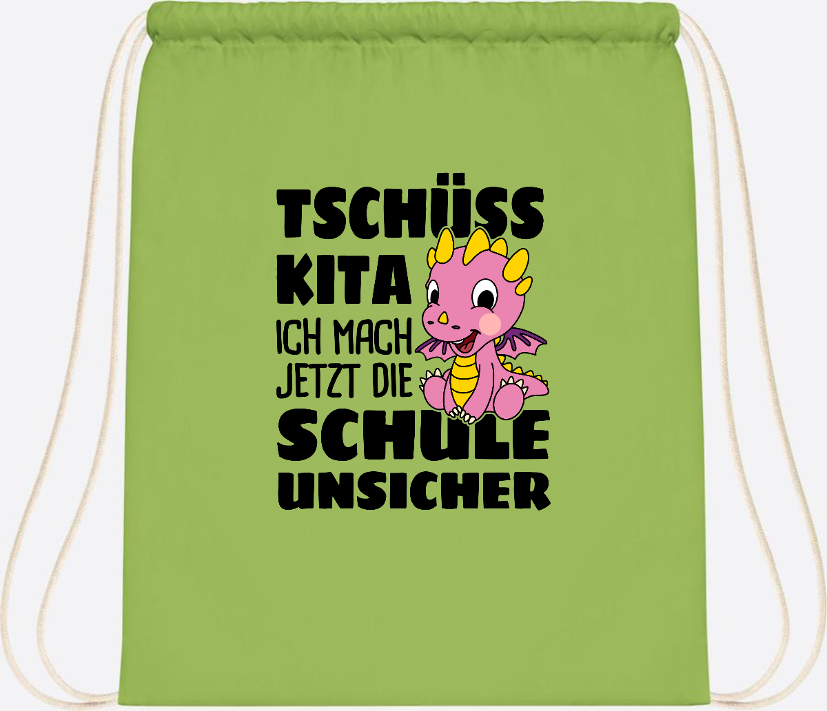 Turnbeutel Tschüss Kita – Rosa Drache mit Wunschnamen - Lime Green