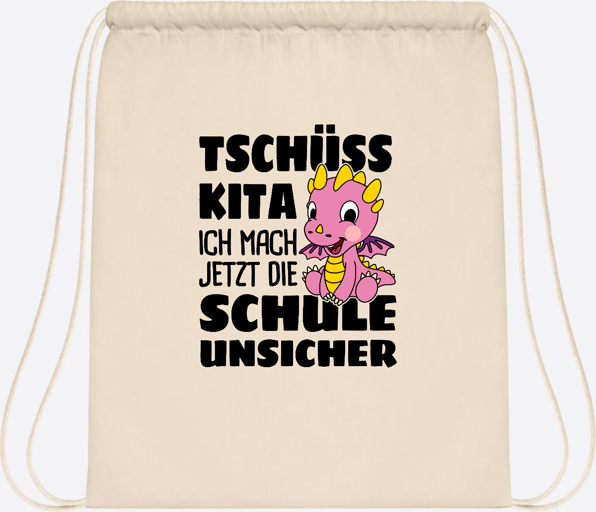 Turnbeutel Tschüss Kita – Rosa Drache mit Wunschnamen - Natural
