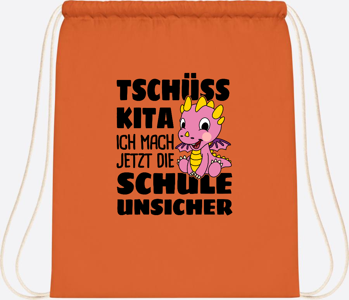 Turnbeutel Tschüss Kita – Rosa Drache mit Wunschnamen - Orange