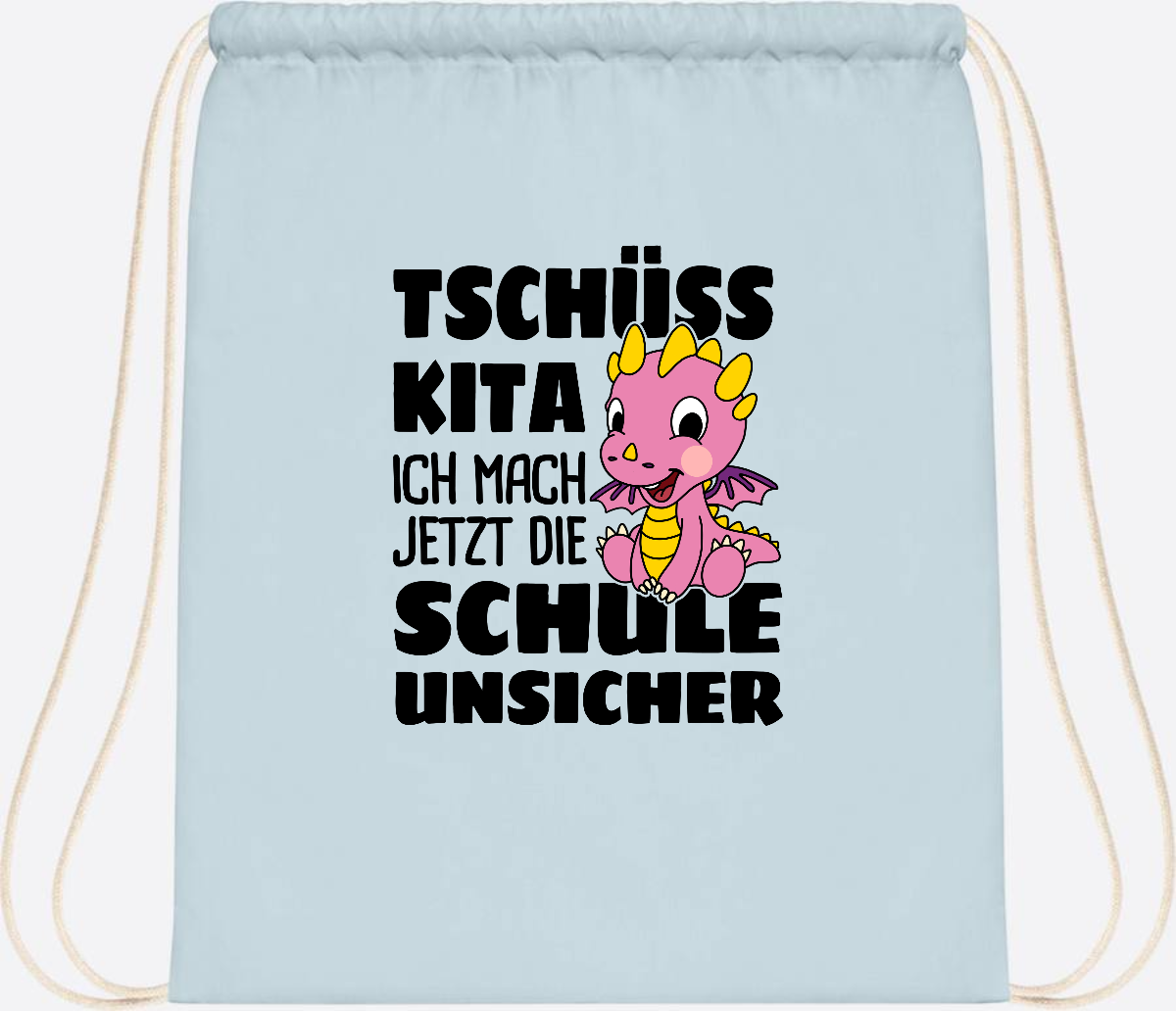 Turnbeutel Tschüss Kita – Rosa Drache mit Wunschnamen - Pastel Blue/White