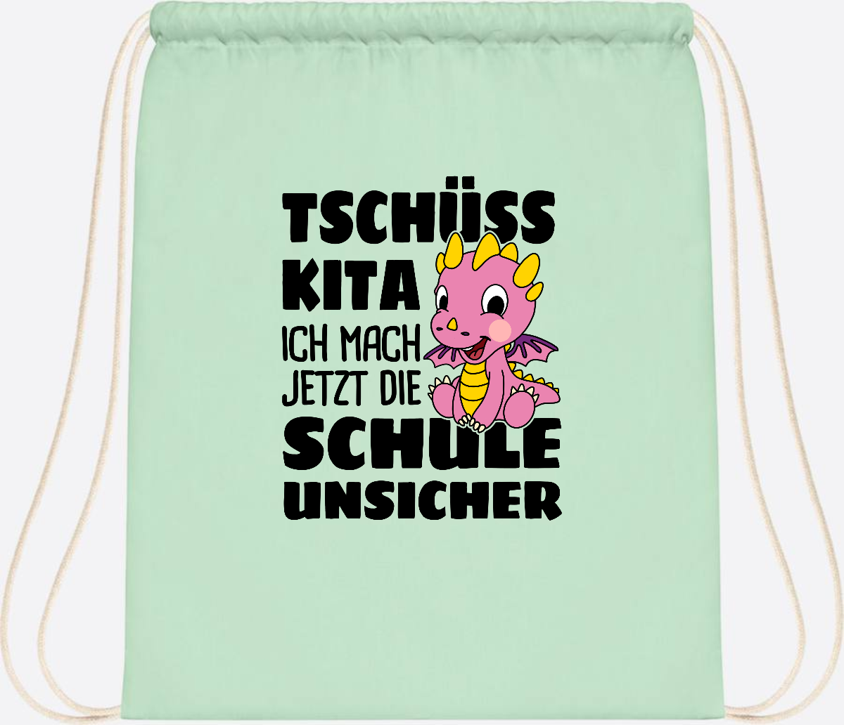 Turnbeutel Tschüss Kita – Rosa Drache mit Wunschnamen - Pastel Mint/White