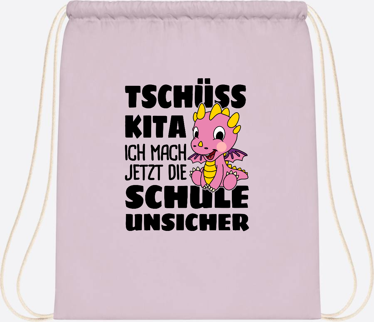 Turnbeutel Tschüss Kita – Rosa Drache mit Wunschnamen - Pastel Pink/White