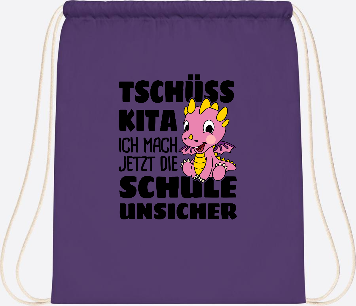 Turnbeutel Tschüss Kita – Rosa Drache mit Wunschnamen - Purple