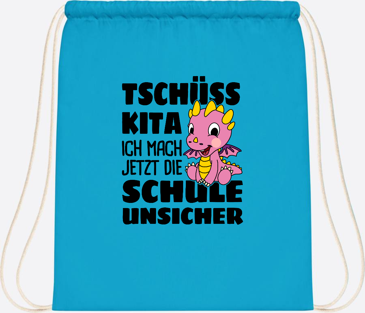 Turnbeutel Tschüss Kita – Rosa Drache mit Wunschnamen - Surf Blue