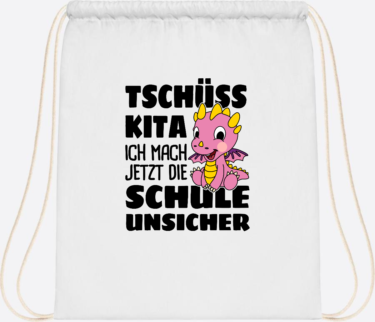 Turnbeutel Tschüss Kita – Rosa Drache mit Wunschnamen - White
