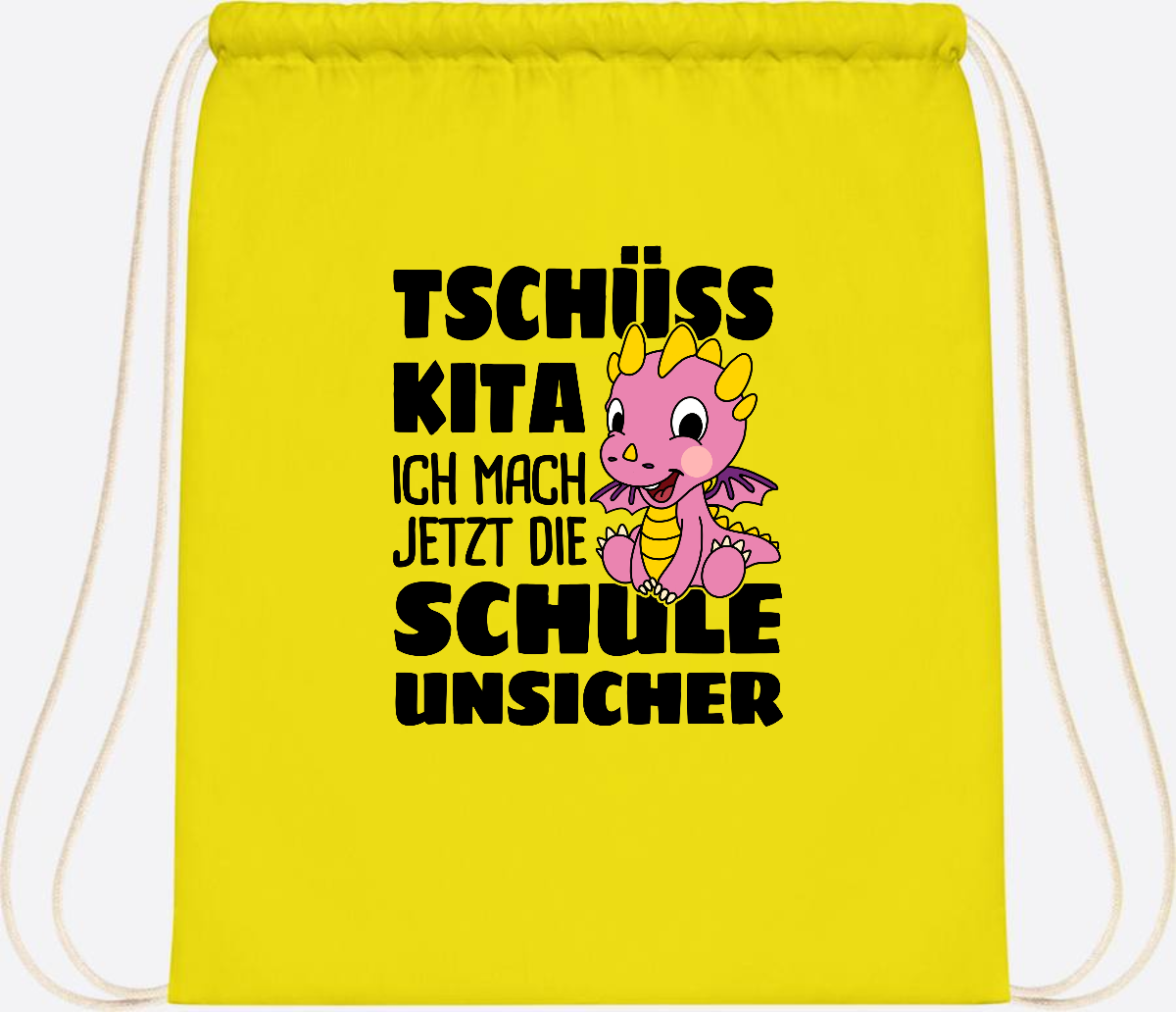 Turnbeutel Tschüss Kita – Rosa Drache mit Wunschnamen - Yellow