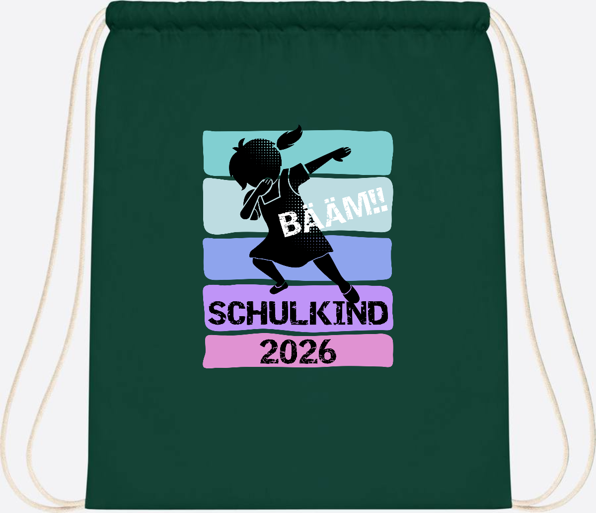 Turnbeutel zur Einschulung: Bääm Schulkind 2026 Mädchen - Bottle Green