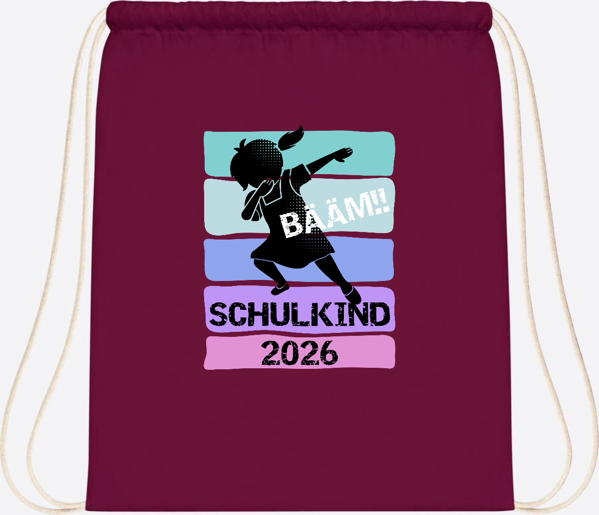 Turnbeutel zur Einschulung: Bääm Schulkind 2026 Mädchen - Burgundy