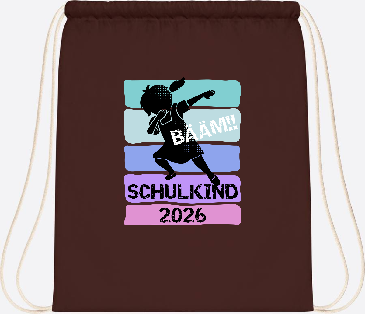 Turnbeutel zur Einschulung: Bääm Schulkind 2026 Mädchen - Chocolate