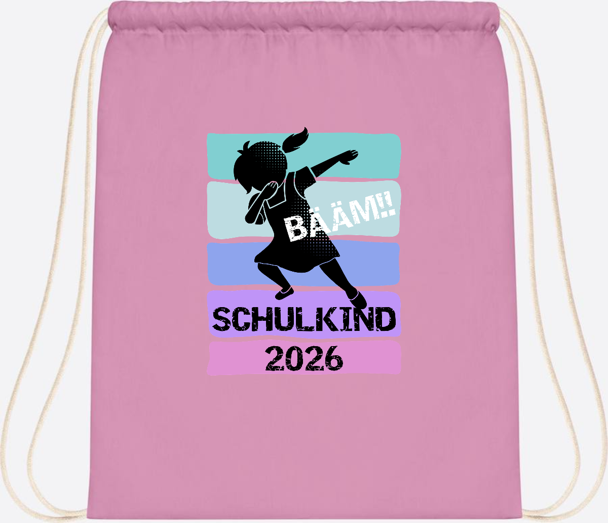 Turnbeutel zur Einschulung: Bääm Schulkind 2026 Mädchen - Classic Pink/White