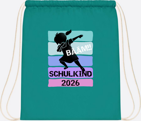 Turnbeutel zur Einschulung: Bääm Schulkind 2026 Mädchen - Emerald