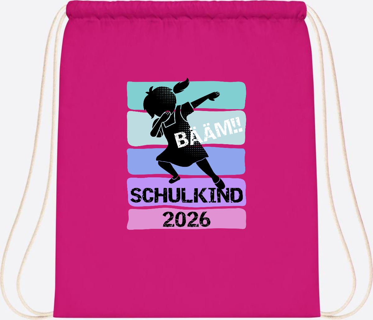 Turnbeutel zur Einschulung: Bääm Schulkind 2026 Mädchen - Fuchsia