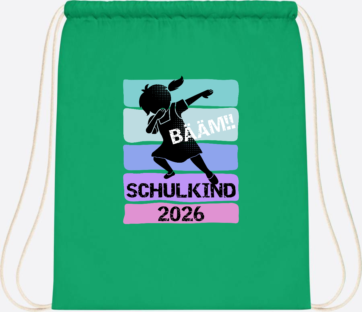 Turnbeutel zur Einschulung: Bääm Schulkind 2026 Mädchen - Kelly Green