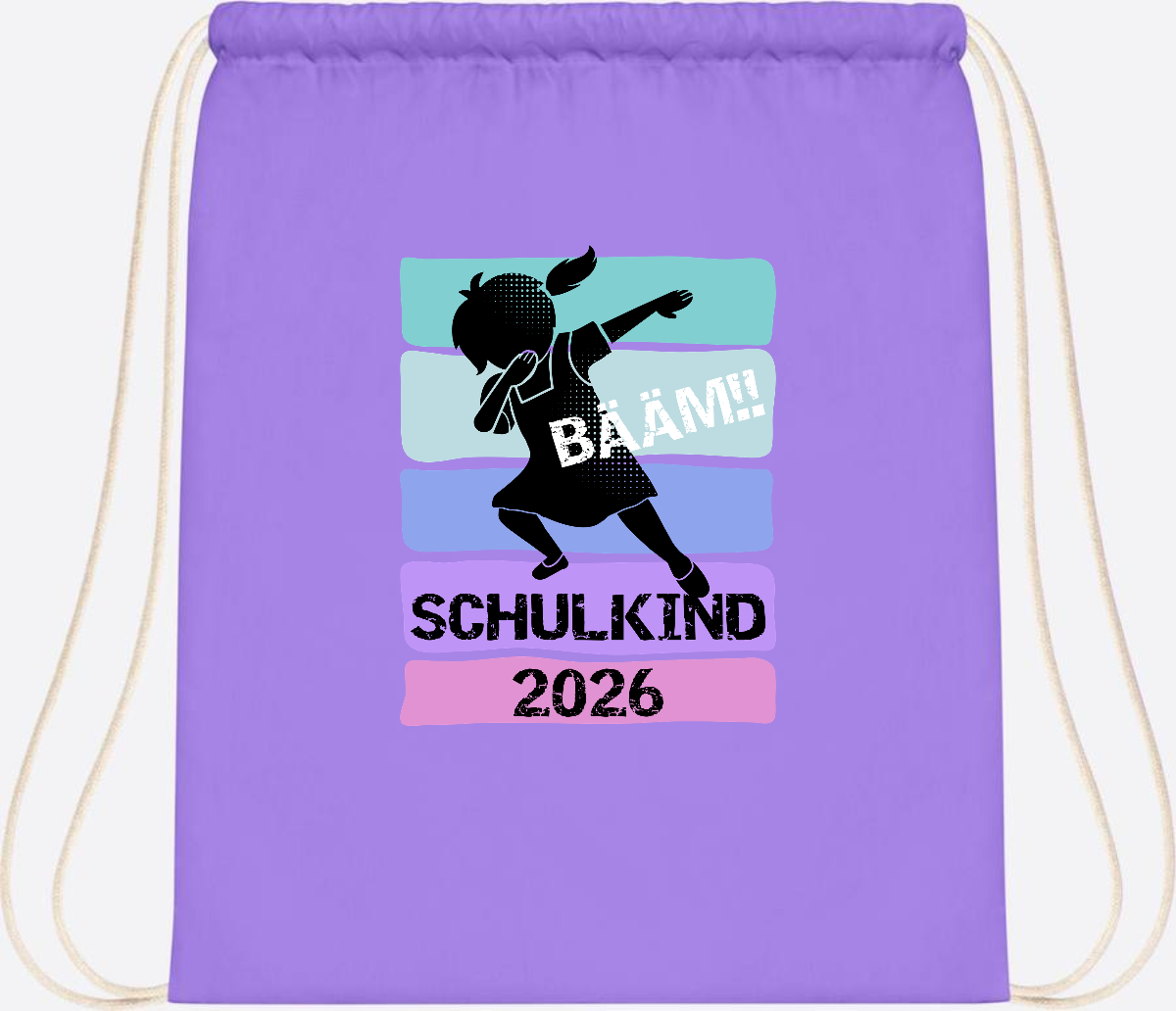 Turnbeutel zur Einschulung: Bääm Schulkind 2026 Mädchen - Lavender/White