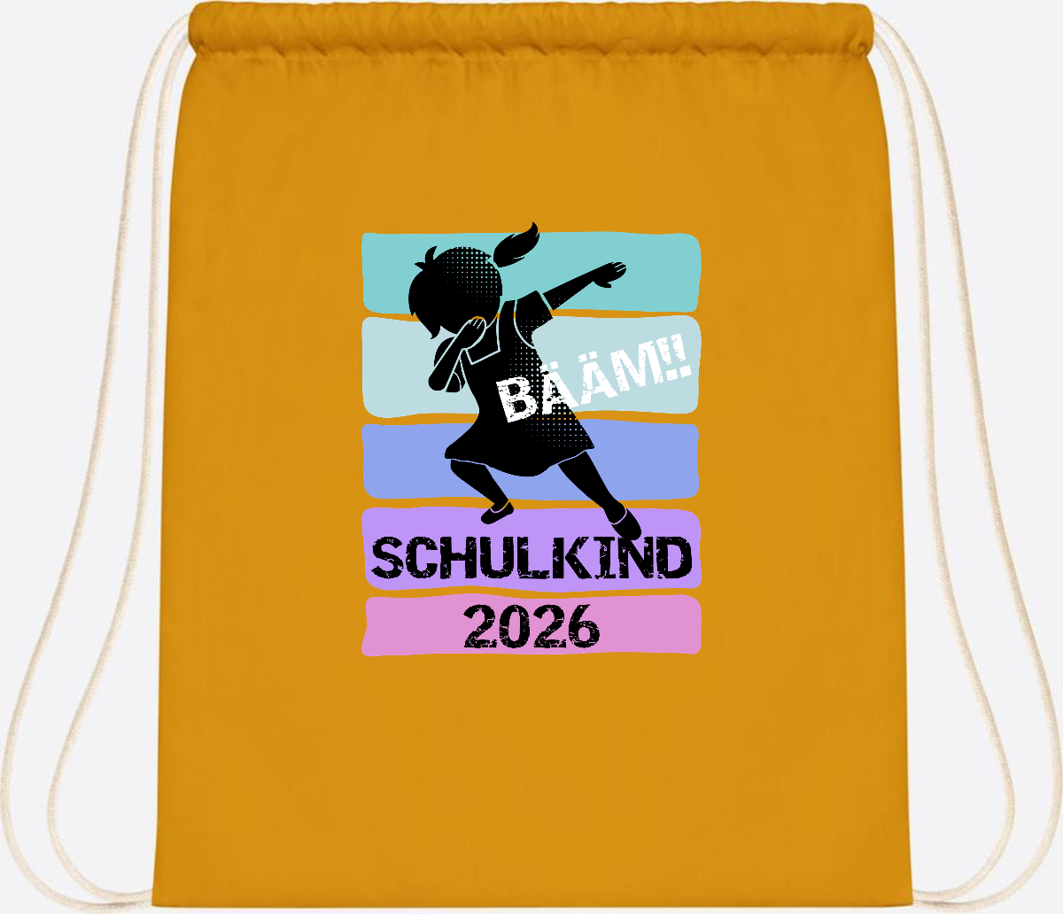 Turnbeutel zur Einschulung: Bääm Schulkind 2026 Mädchen - Mustard