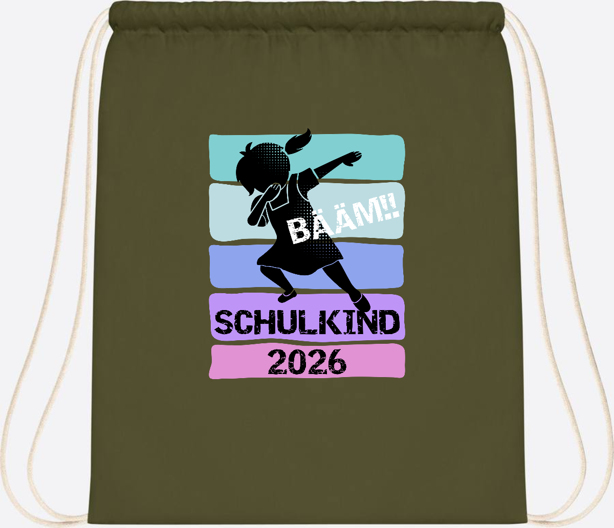 Turnbeutel zur Einschulung: Bääm Schulkind 2026 Mädchen - Olive Green