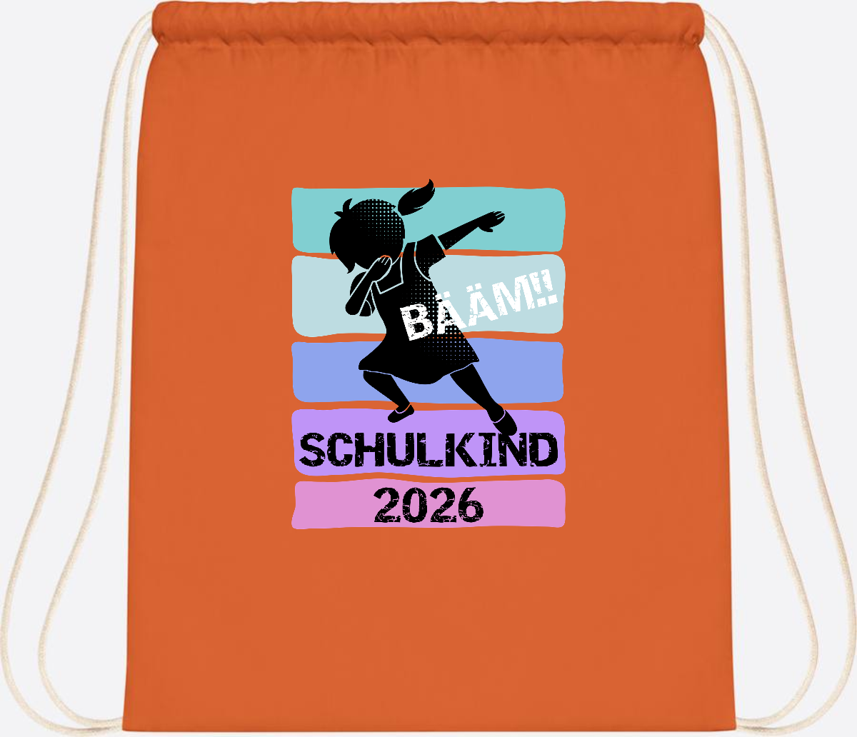 Turnbeutel zur Einschulung: Bääm Schulkind 2026 Mädchen - Orange