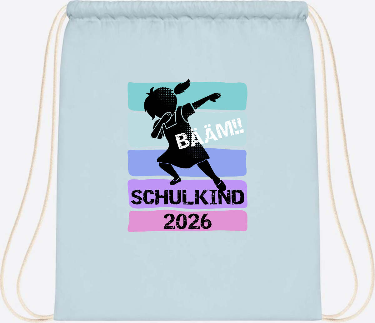 Turnbeutel zur Einschulung: Bääm Schulkind 2026 Mädchen - Pastel Blue/White