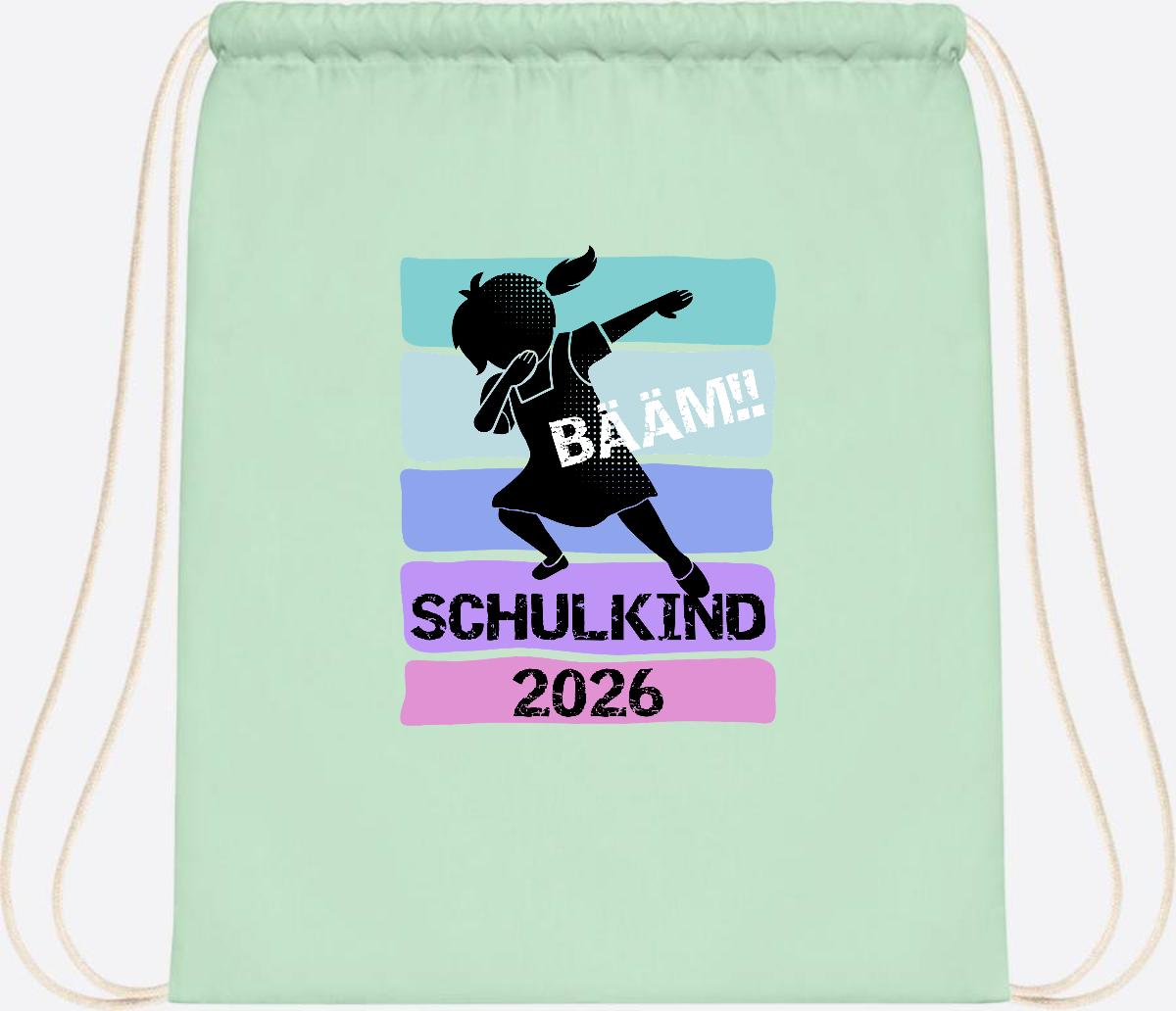 Turnbeutel zur Einschulung: Bääm Schulkind 2026 Mädchen - Pastel Mint/White
