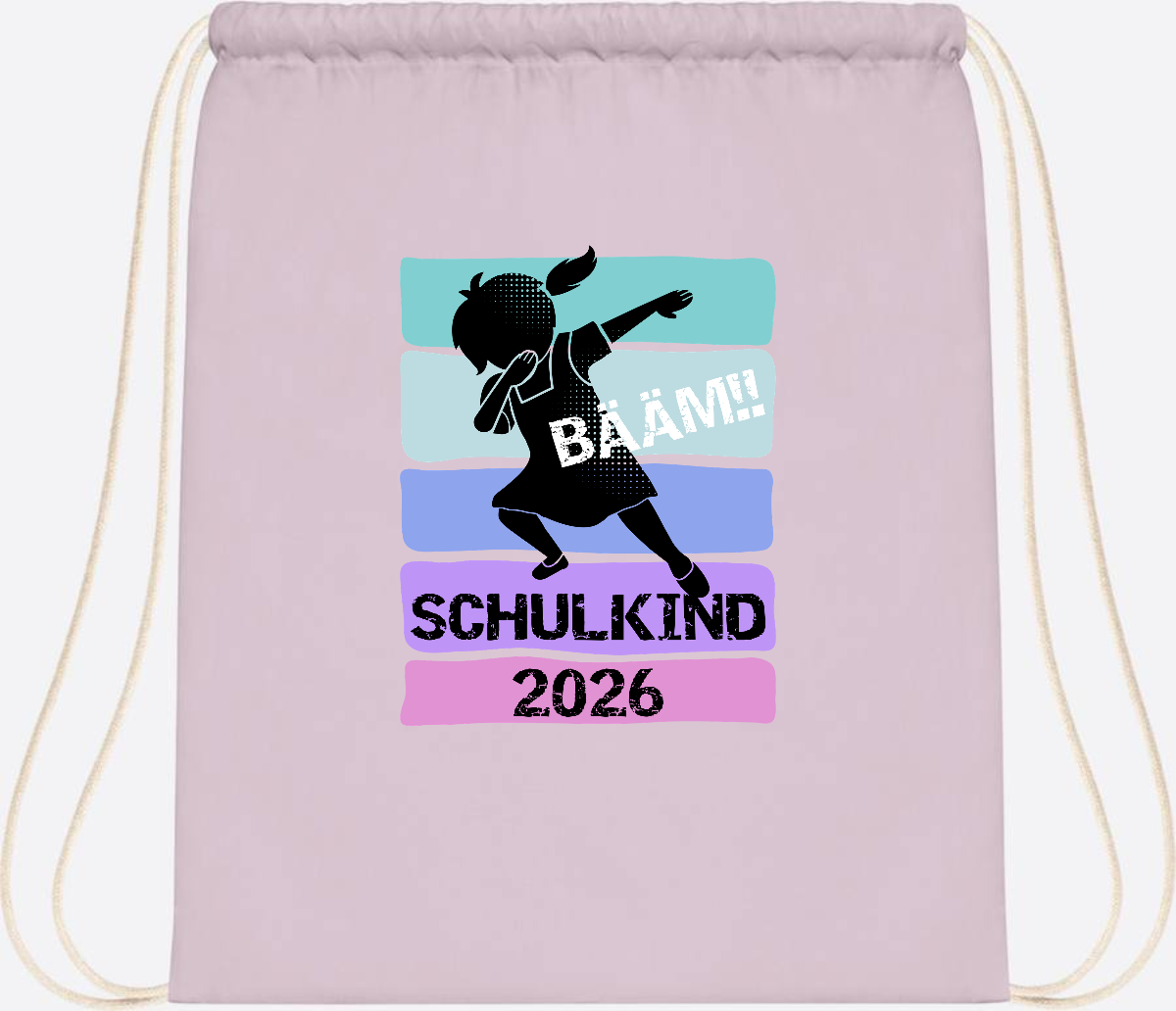 Turnbeutel zur Einschulung: Bääm Schulkind 2026 Mädchen - Pastel Pink/White
