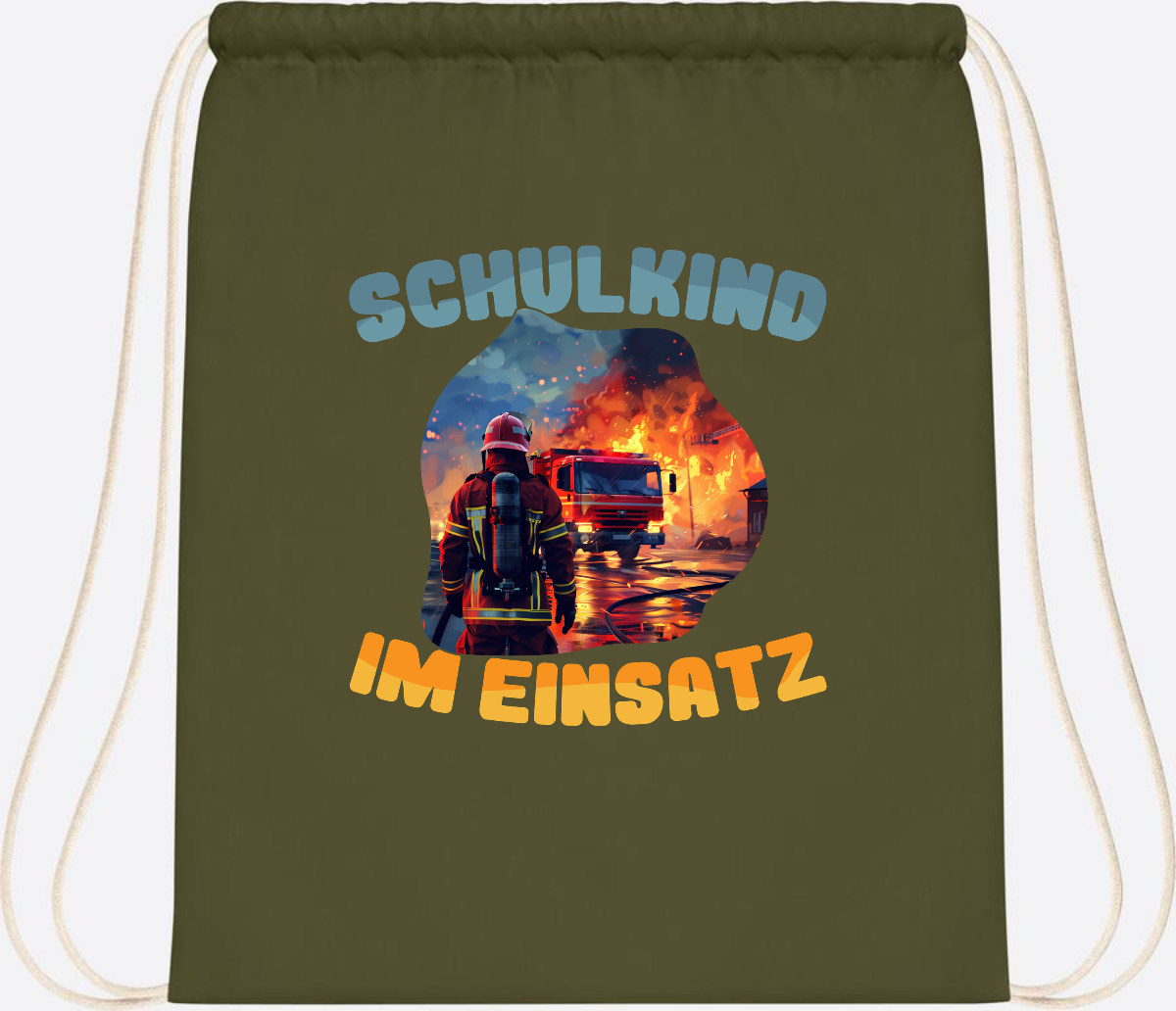 Turnbeutel zur Einschulung: Feuerwehr Schulkind im Einsatz - Olive Green
