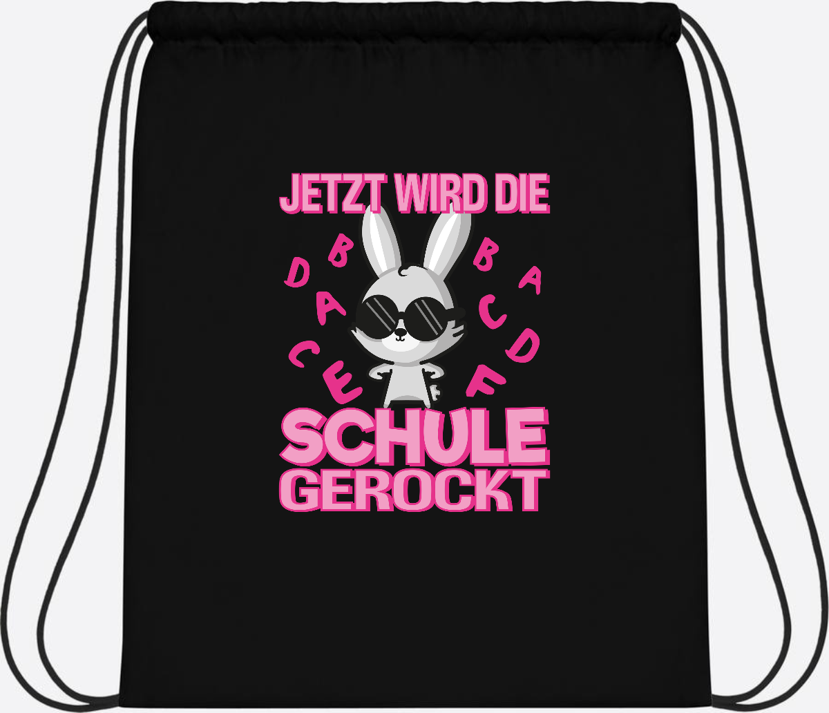 Turnbeutel zur Einschulung: Hase rockt die Schule – mit Name - Black/Black