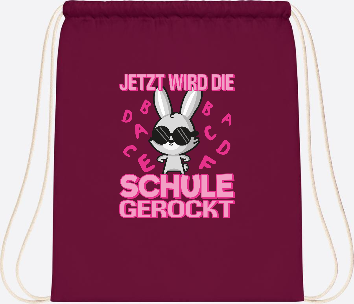 Turnbeutel zur Einschulung: Hase rockt die Schule – mit Name - Burgundy