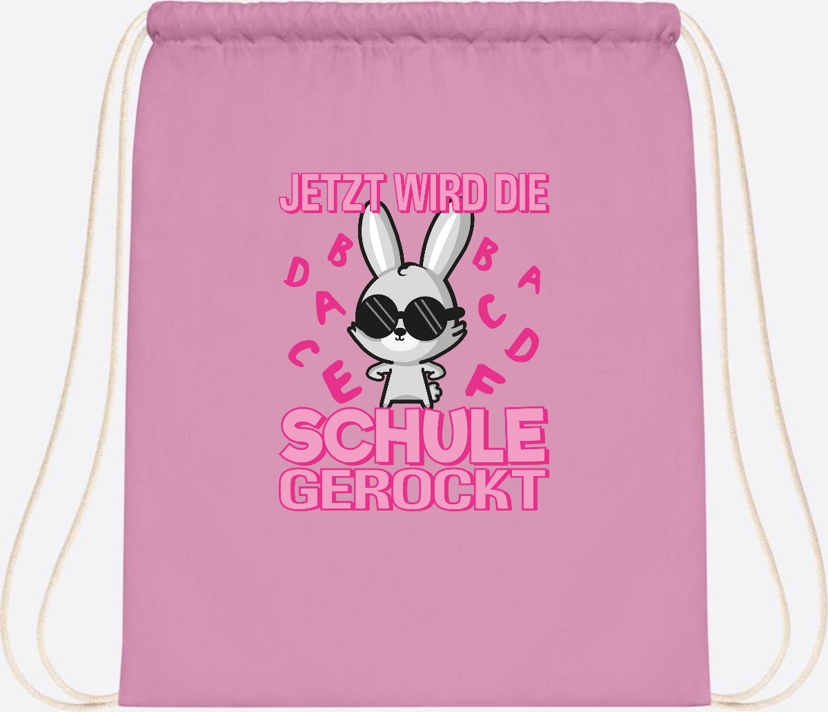 Turnbeutel zur Einschulung: Hase rockt die Schule – mit Name - Classic Pink/White