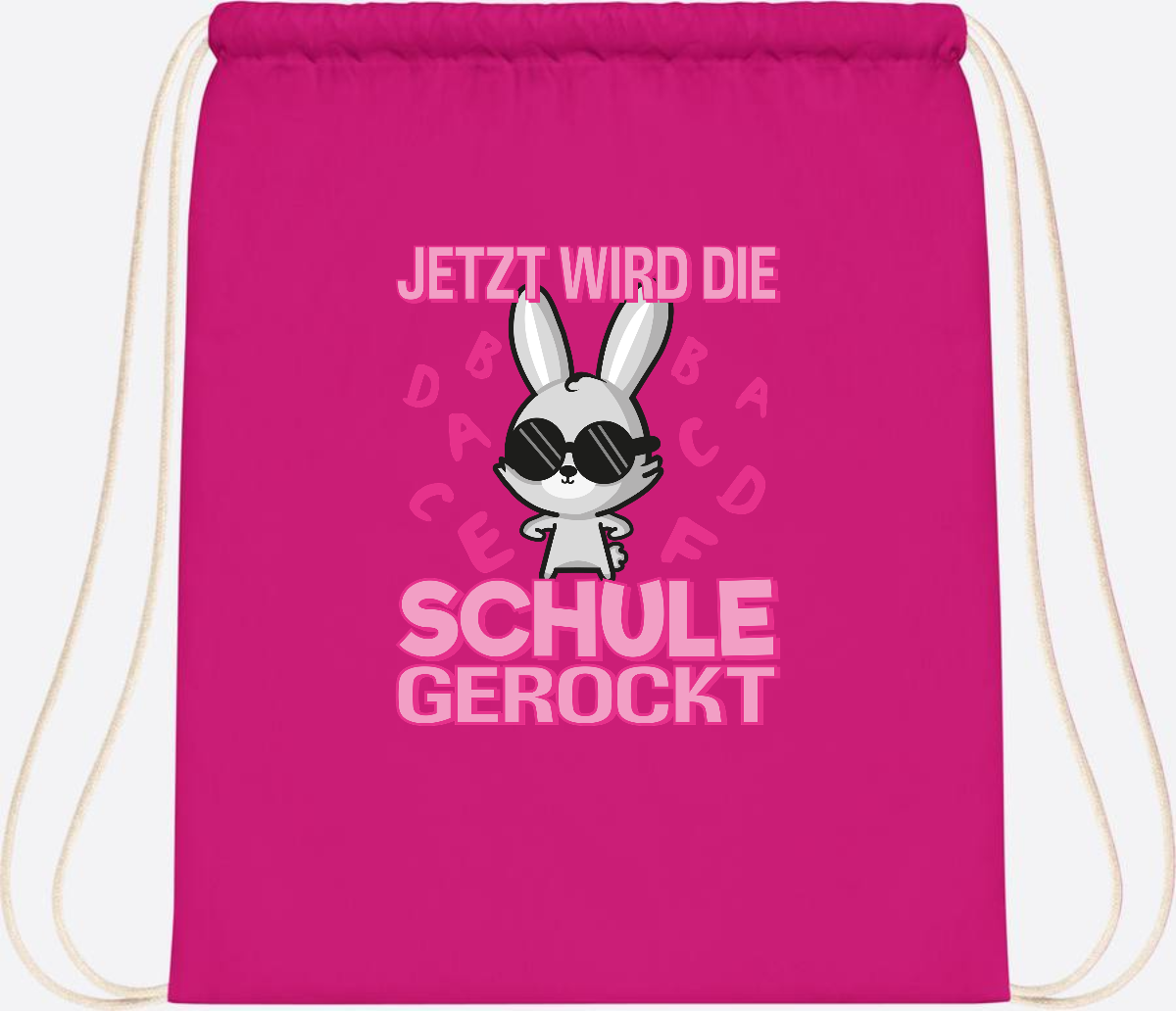 Turnbeutel zur Einschulung: Hase rockt die Schule – mit Name - Fuchsia