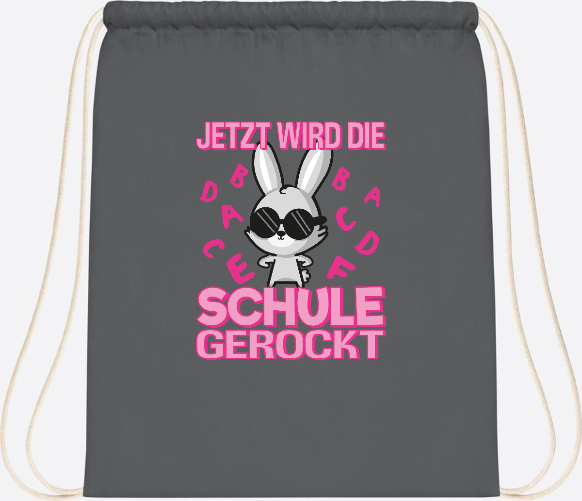 Turnbeutel zur Einschulung: Hase rockt die Schule – mit Name - Graphite Grey