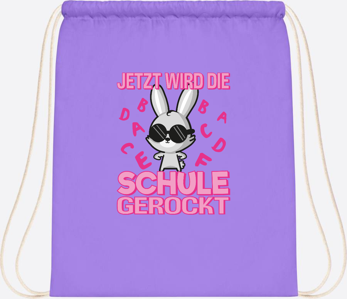 Turnbeutel zur Einschulung: Hase rockt die Schule – mit Name - Lavender/White