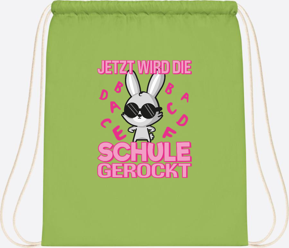Turnbeutel zur Einschulung: Hase rockt die Schule – mit Name - Lime Green