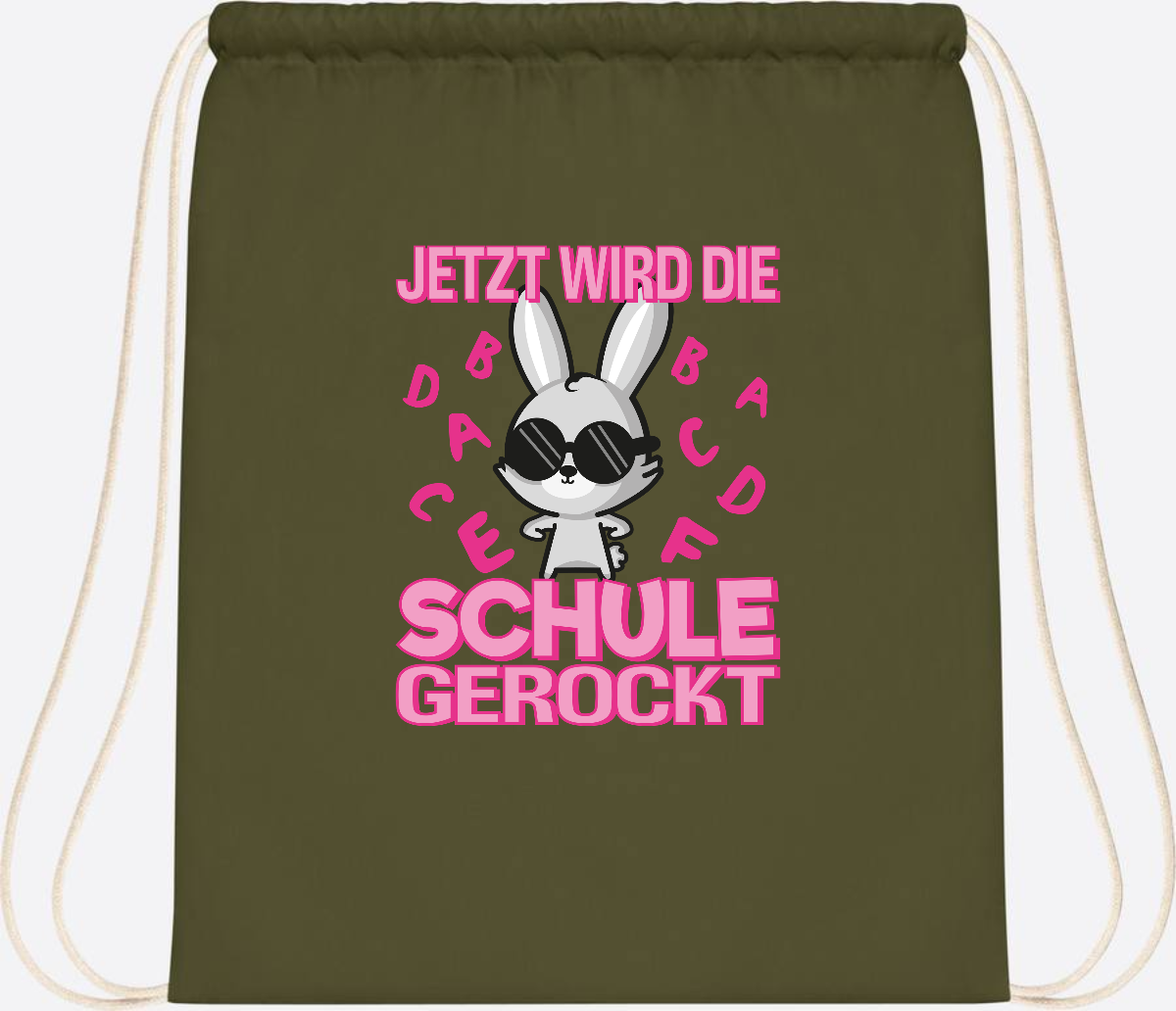 Turnbeutel zur Einschulung: Hase rockt die Schule – mit Name - Olive Green