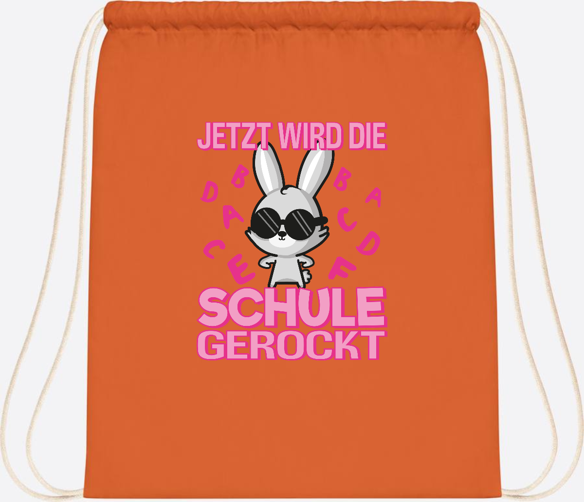 Turnbeutel zur Einschulung: Hase rockt die Schule – mit Name - Orange