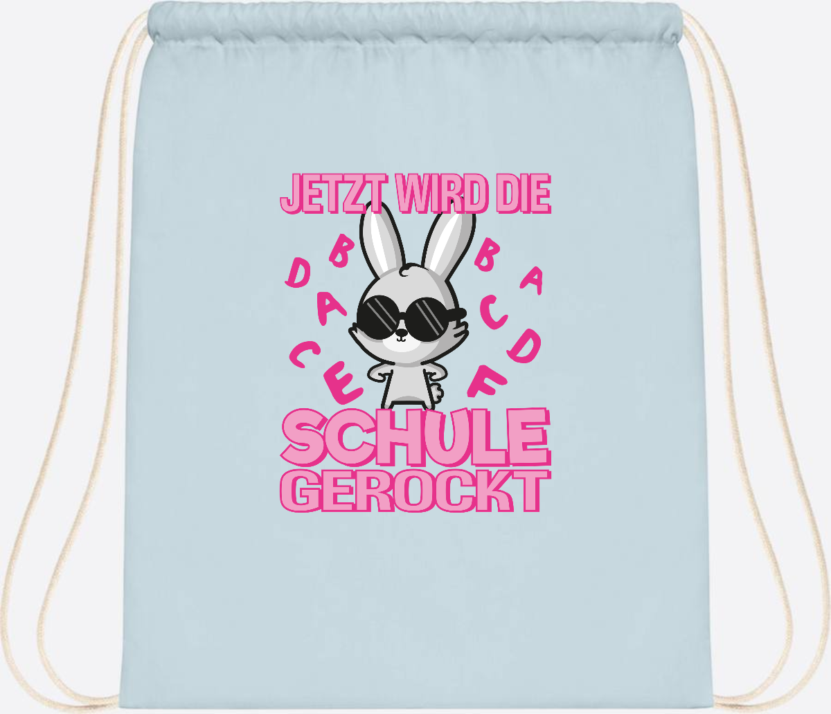 Turnbeutel zur Einschulung: Hase rockt die Schule – mit Name - Pastel Blue/White