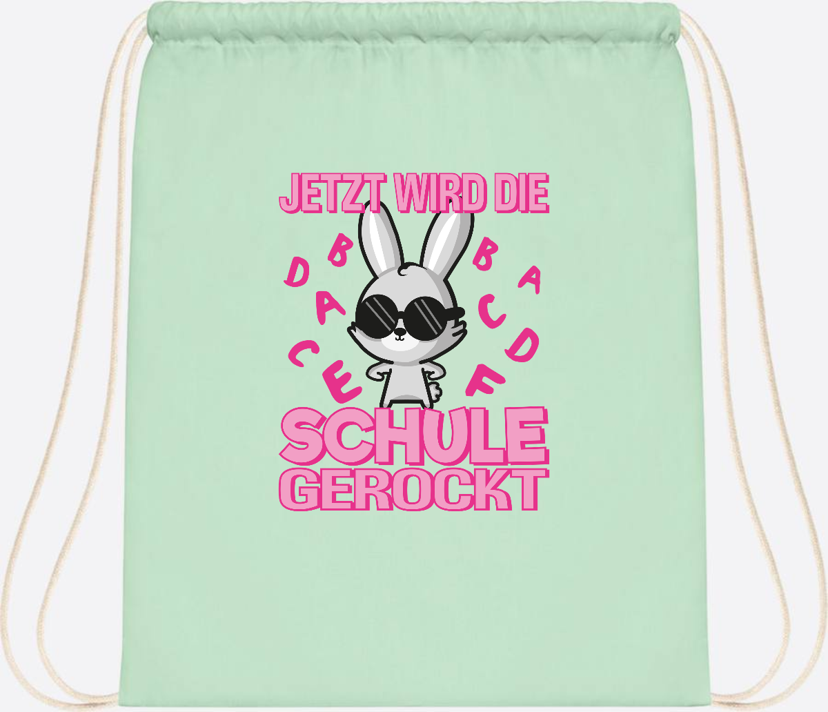 Turnbeutel zur Einschulung: Hase rockt die Schule – mit Name - Pastel Mint/White