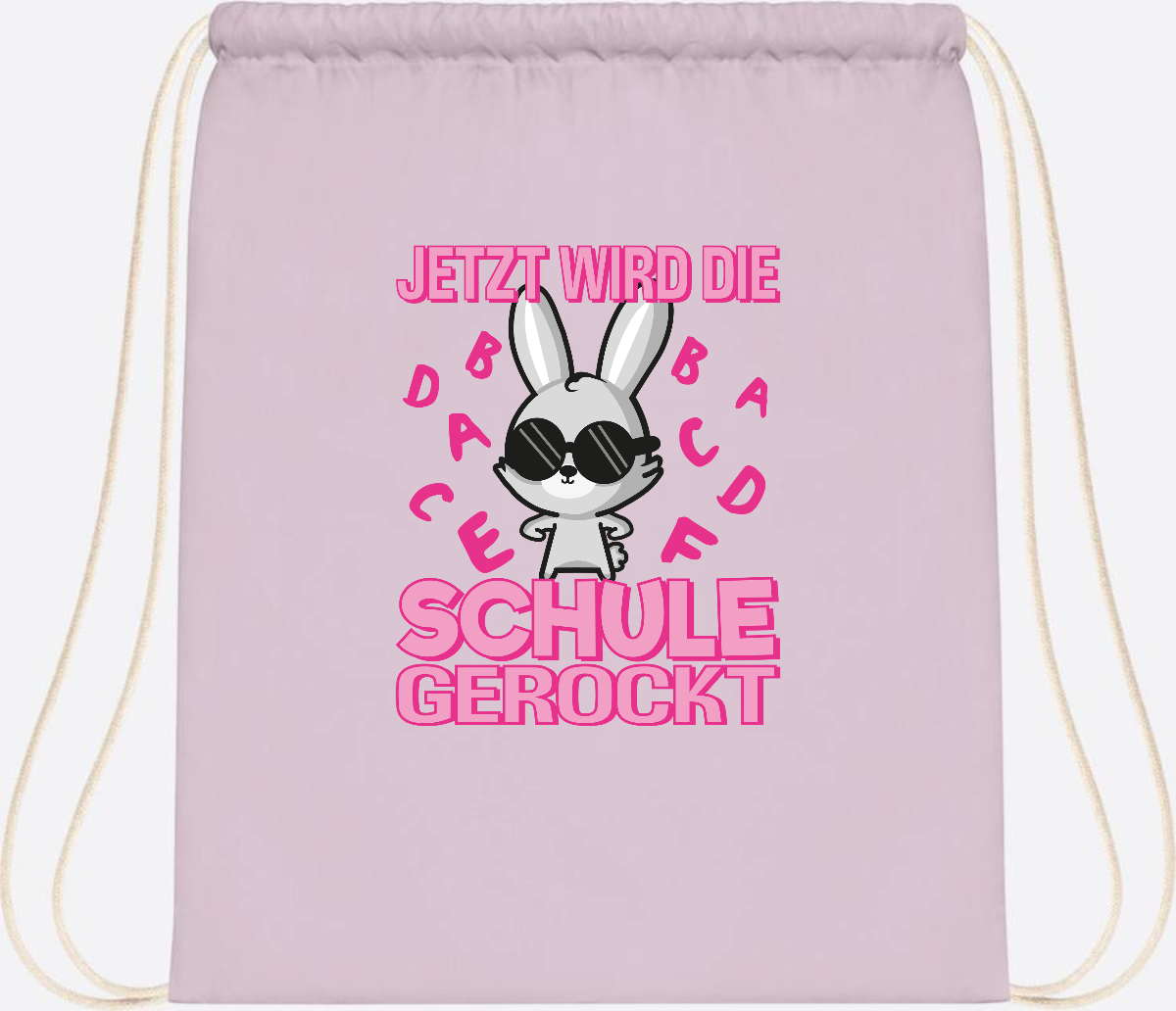 Turnbeutel zur Einschulung: Hase rockt die Schule – mit Name - Pastel Pink/White