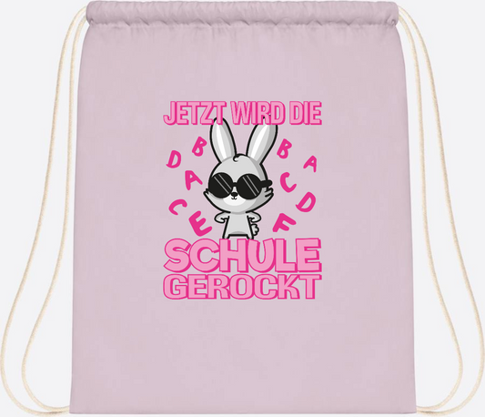 Turnbeutel zur Einschulung: Hase rockt die Schule – mit Name - Pastel Pink/White