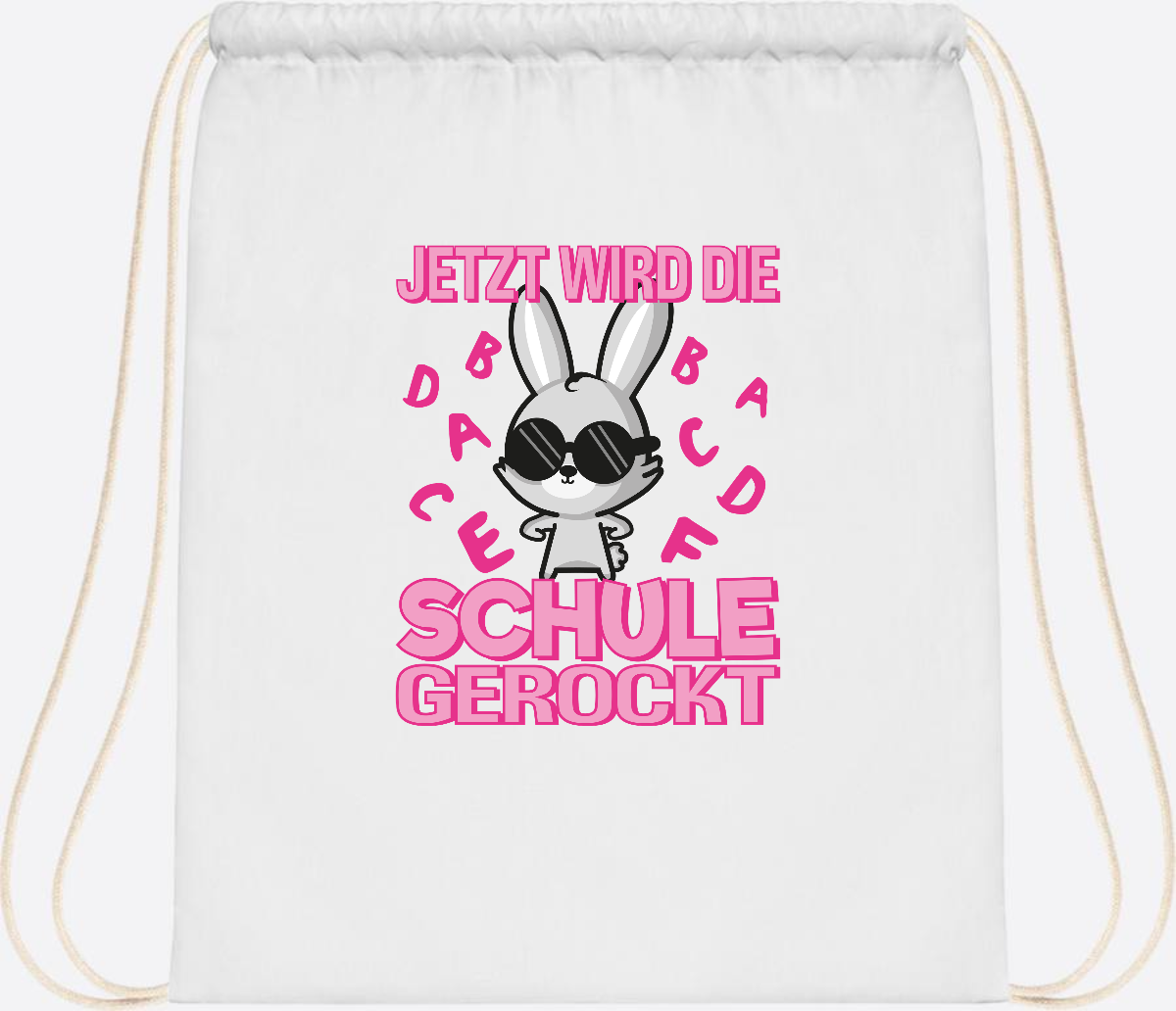 Turnbeutel zur Einschulung: Hase rockt die Schule – mit Name - White