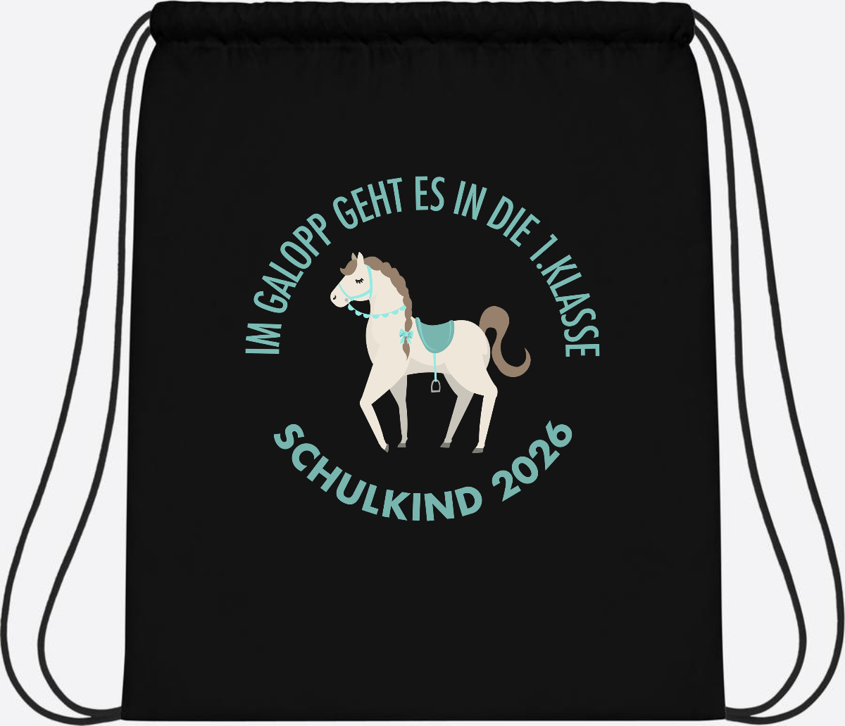 Turnbeutel zur Einschulung: Im Galopp Schulkind 2026 mit Name - Black/Black
