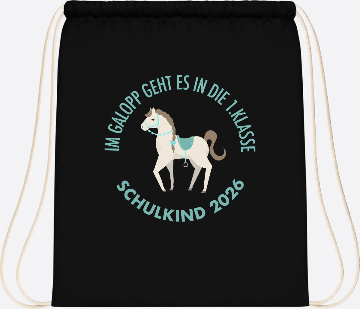 Turnbeutel zur Einschulung: Im Galopp Schulkind 2026 mit Name - Black