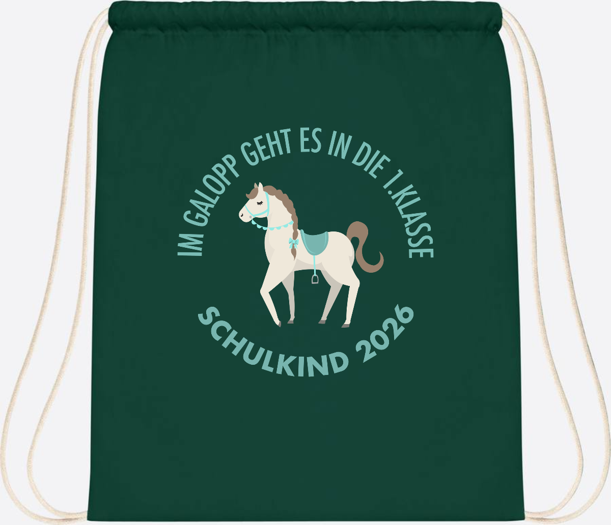 Turnbeutel zur Einschulung: Im Galopp Schulkind 2026 mit Name - Bottle Green