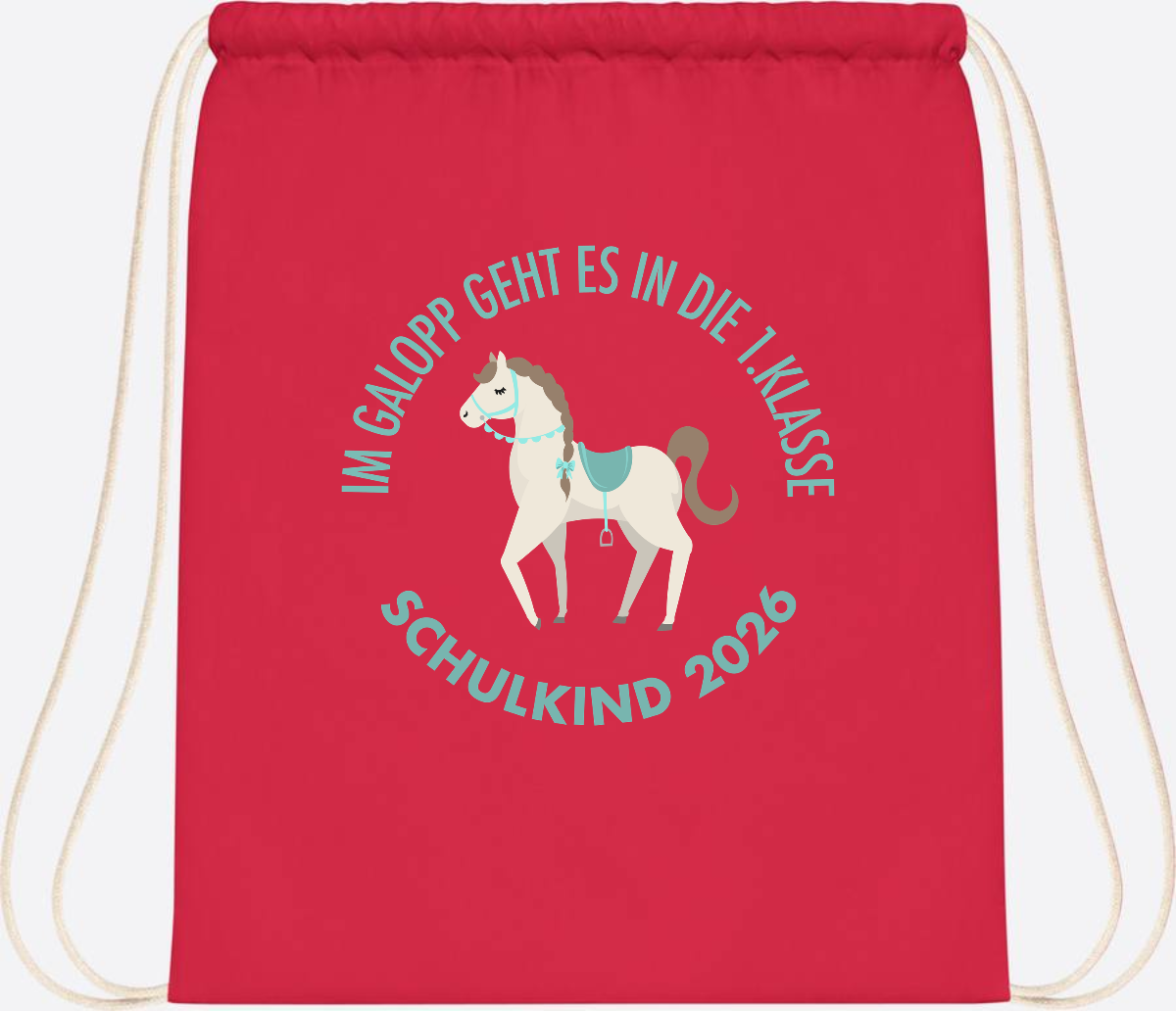 Turnbeutel zur Einschulung: Im Galopp Schulkind 2026 mit Name - Bright Red