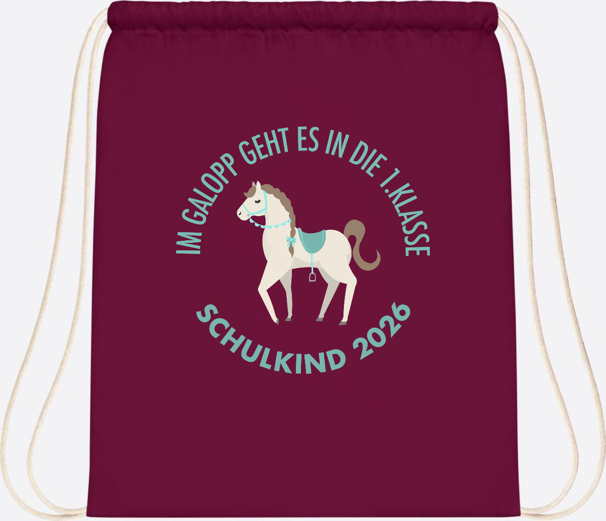 Turnbeutel zur Einschulung: Im Galopp Schulkind 2026 mit Name - Burgundy