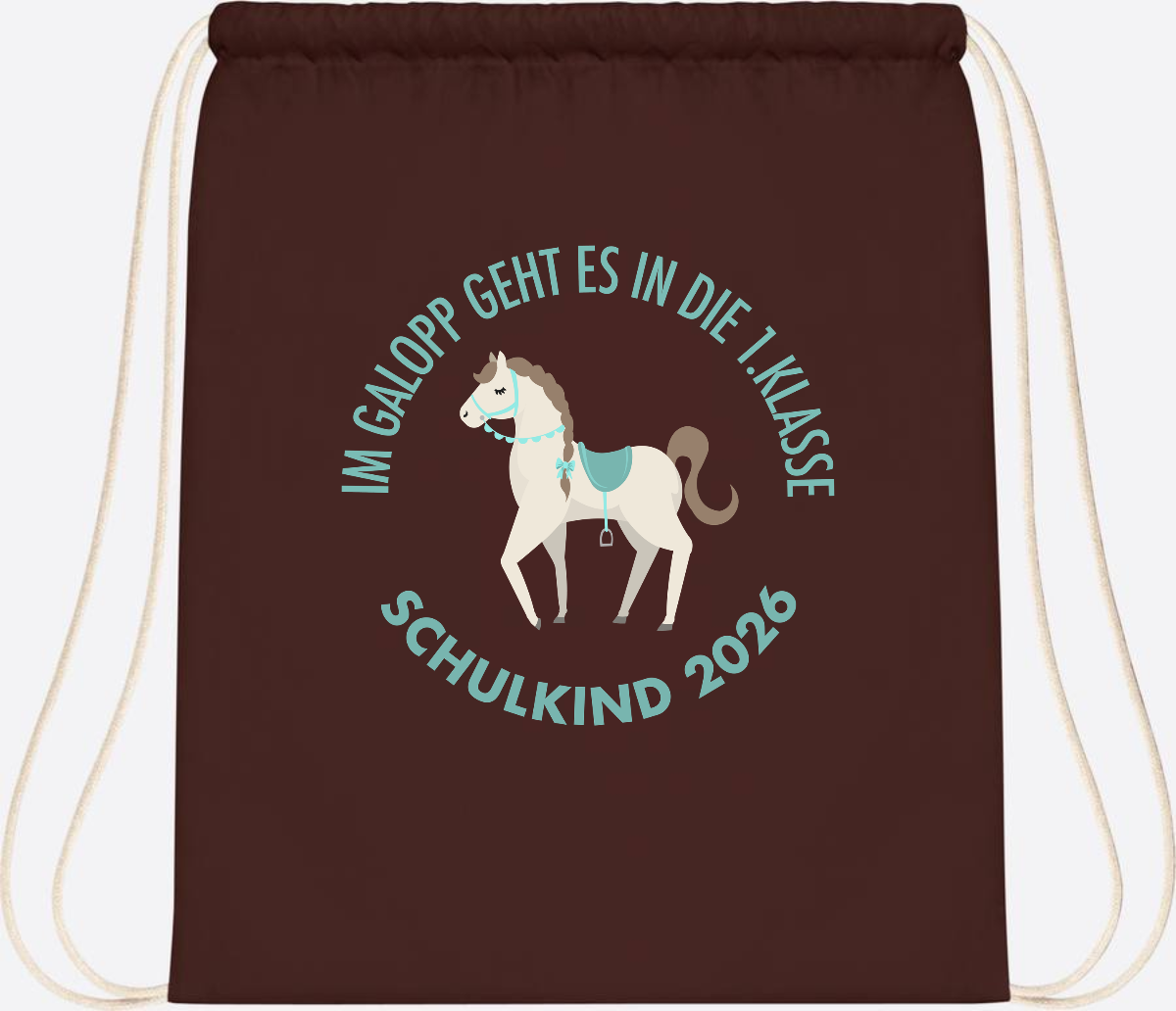 Turnbeutel zur Einschulung: Im Galopp Schulkind 2026 mit Name - Chocolate