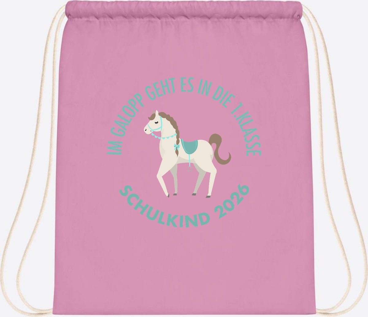 Turnbeutel zur Einschulung: Im Galopp Schulkind 2026 mit Name - Classic Pink/White