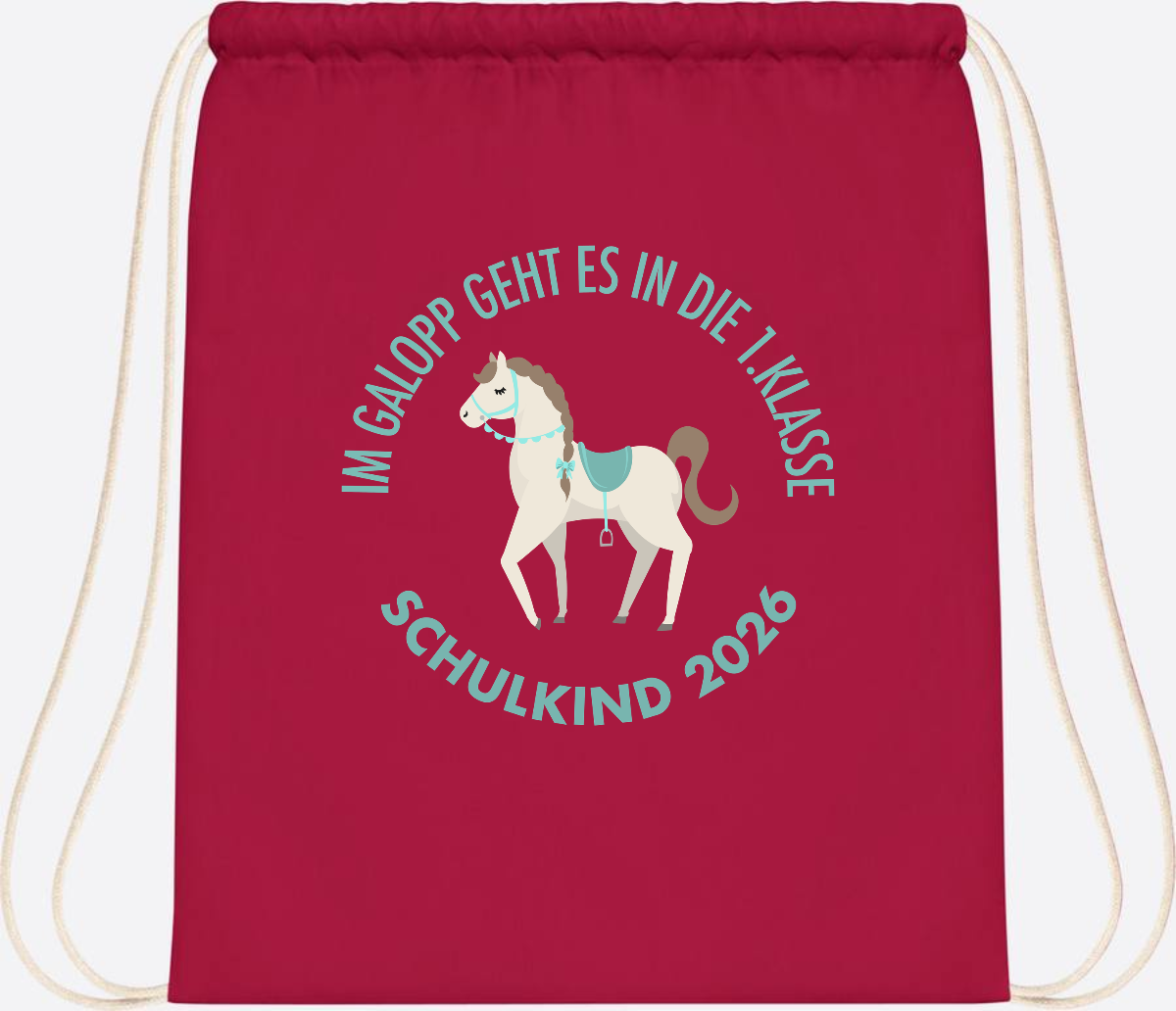 Turnbeutel zur Einschulung: Im Galopp Schulkind 2026 mit Name - Classic Red
