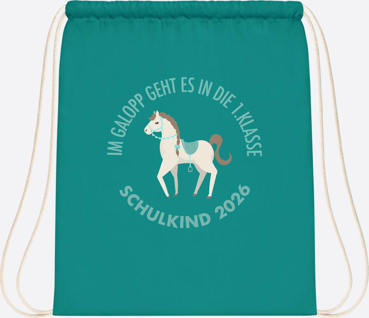 Turnbeutel zur Einschulung: Im Galopp Schulkind 2026 mit Name - Emerald