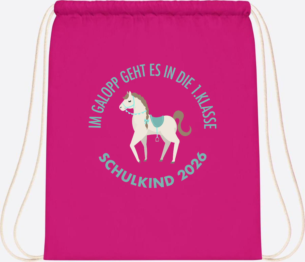Turnbeutel zur Einschulung: Im Galopp Schulkind 2026 mit Name - Fuchsia