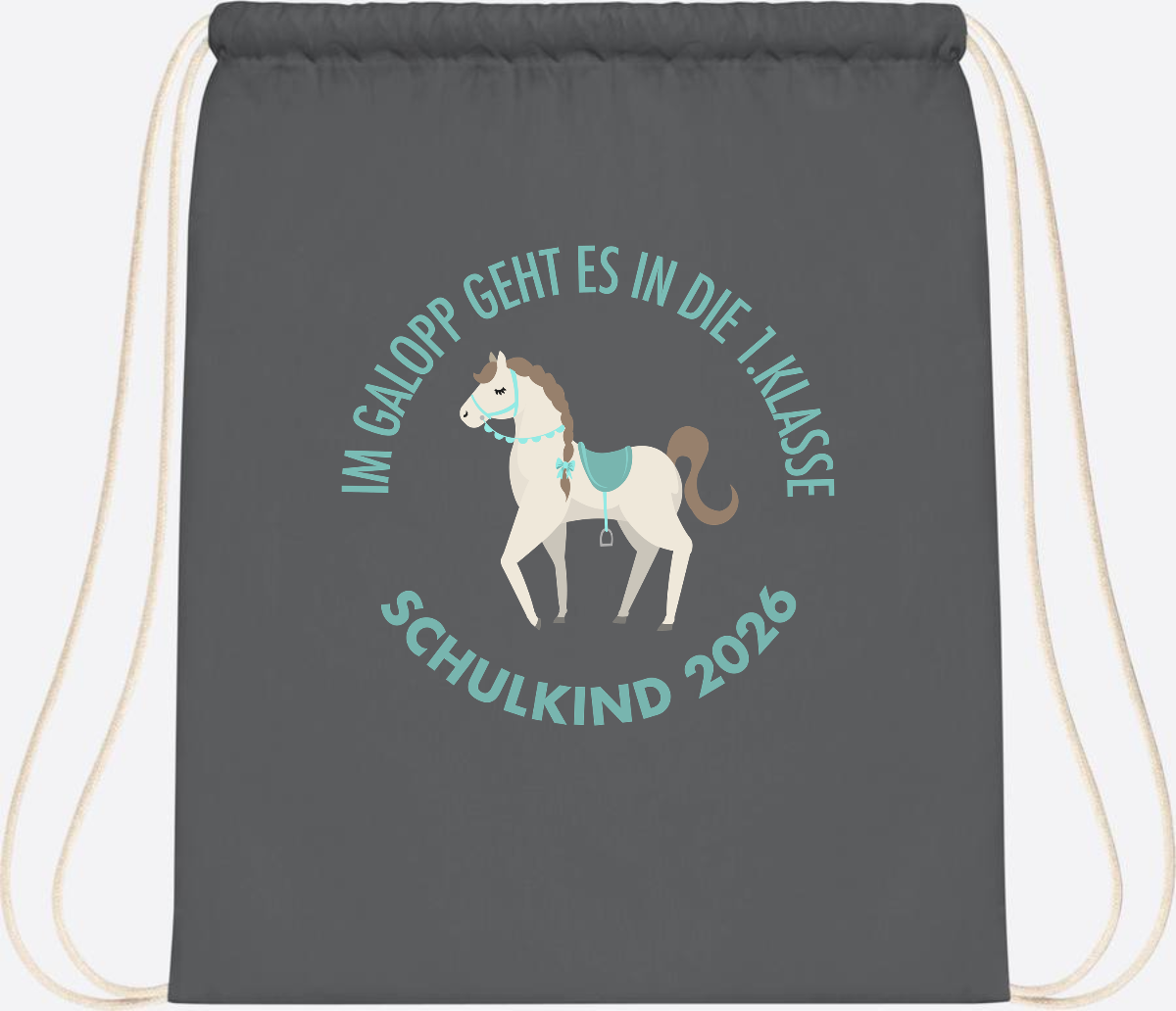 Turnbeutel zur Einschulung: Im Galopp Schulkind 2026 mit Name - Graphite Grey